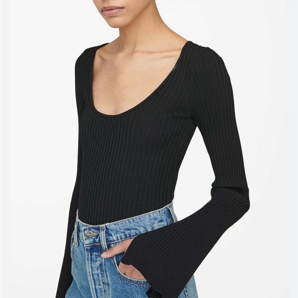 Anine Bing Scarlet Long Sleeve Scoop Neck Ribbed Top- Black - Picture 3 of 7